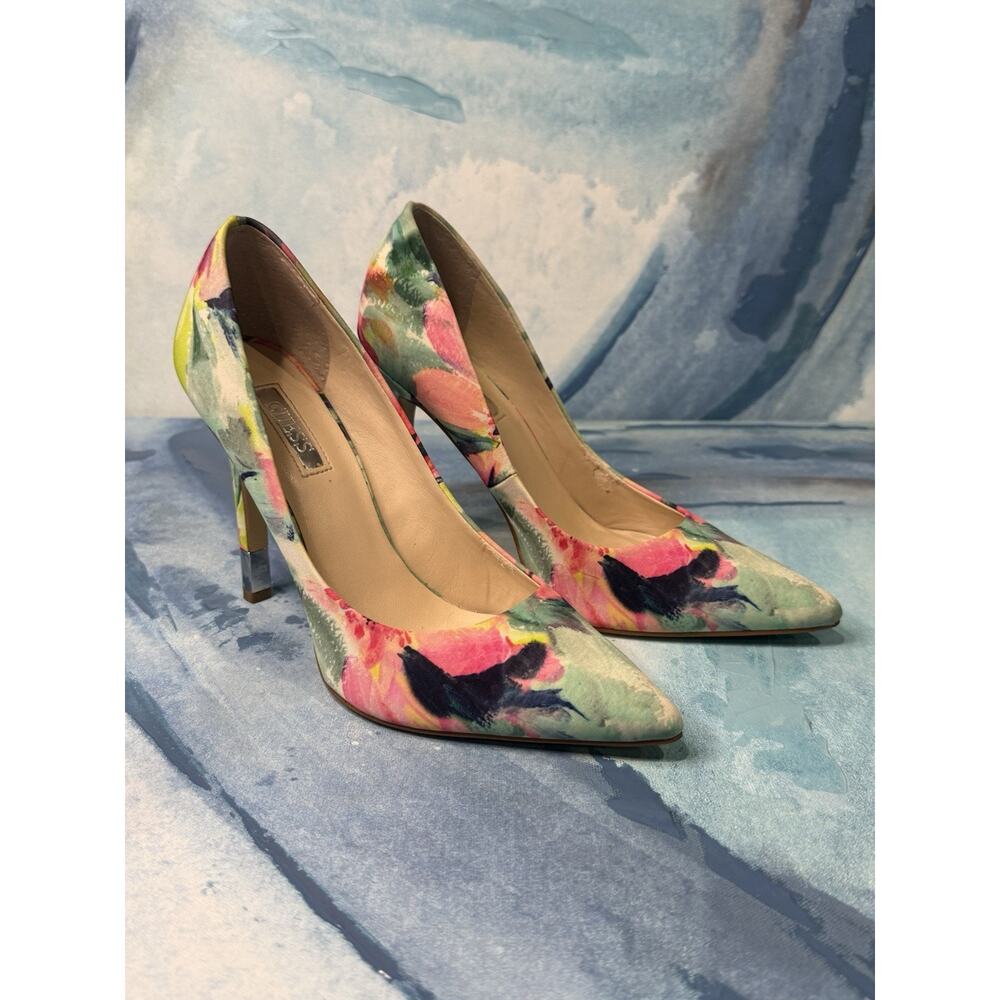 Guess Floral Watercolor Pointed Toe Pumps 4” High Heels Shoes Stiletto Size 6M